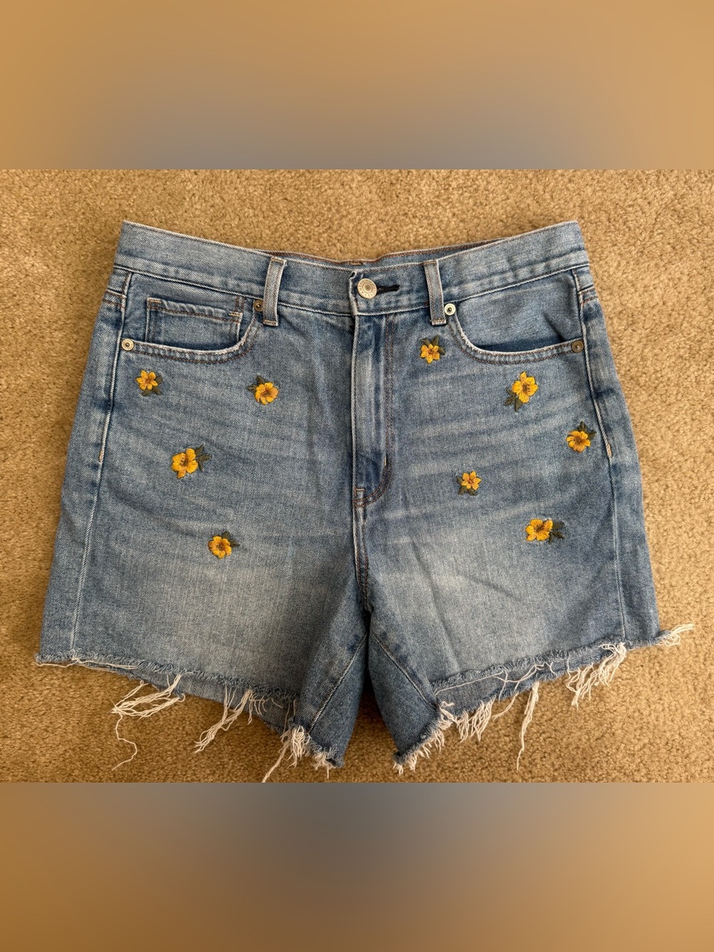 American Eagle Outfitters Sz 6 Light Blue Denim Shorts/Yellow Floral Embroidery